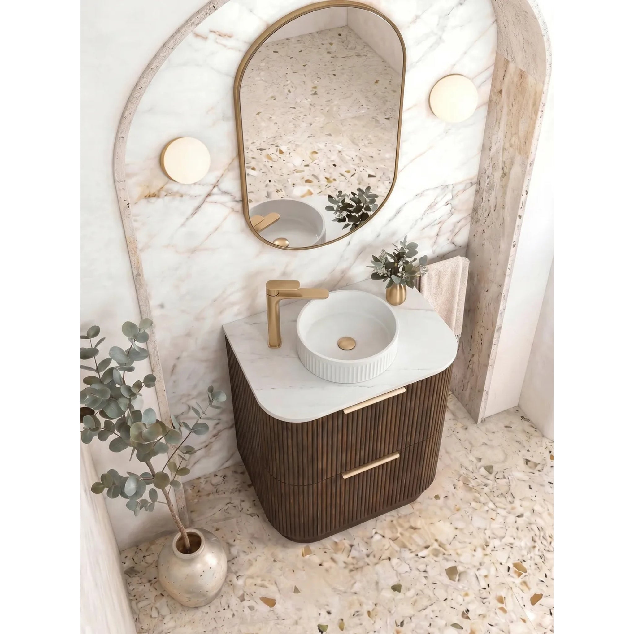 OTTI HAVANA SABLE WALNUT FLUTED 600MM CURVE SINGLE BOWL FLOOR STANDING VANITY