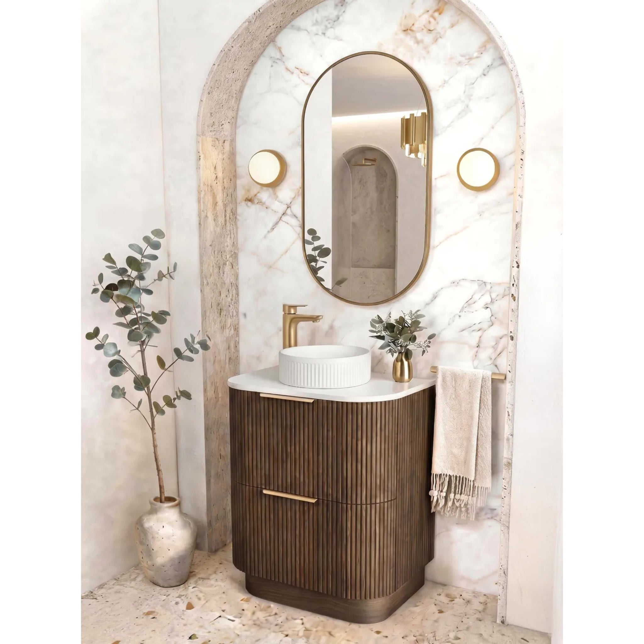 OTTI HAVANA SABLE WALNUT FLUTED 600MM CURVE SINGLE BOWL FLOOR STANDING VANITY