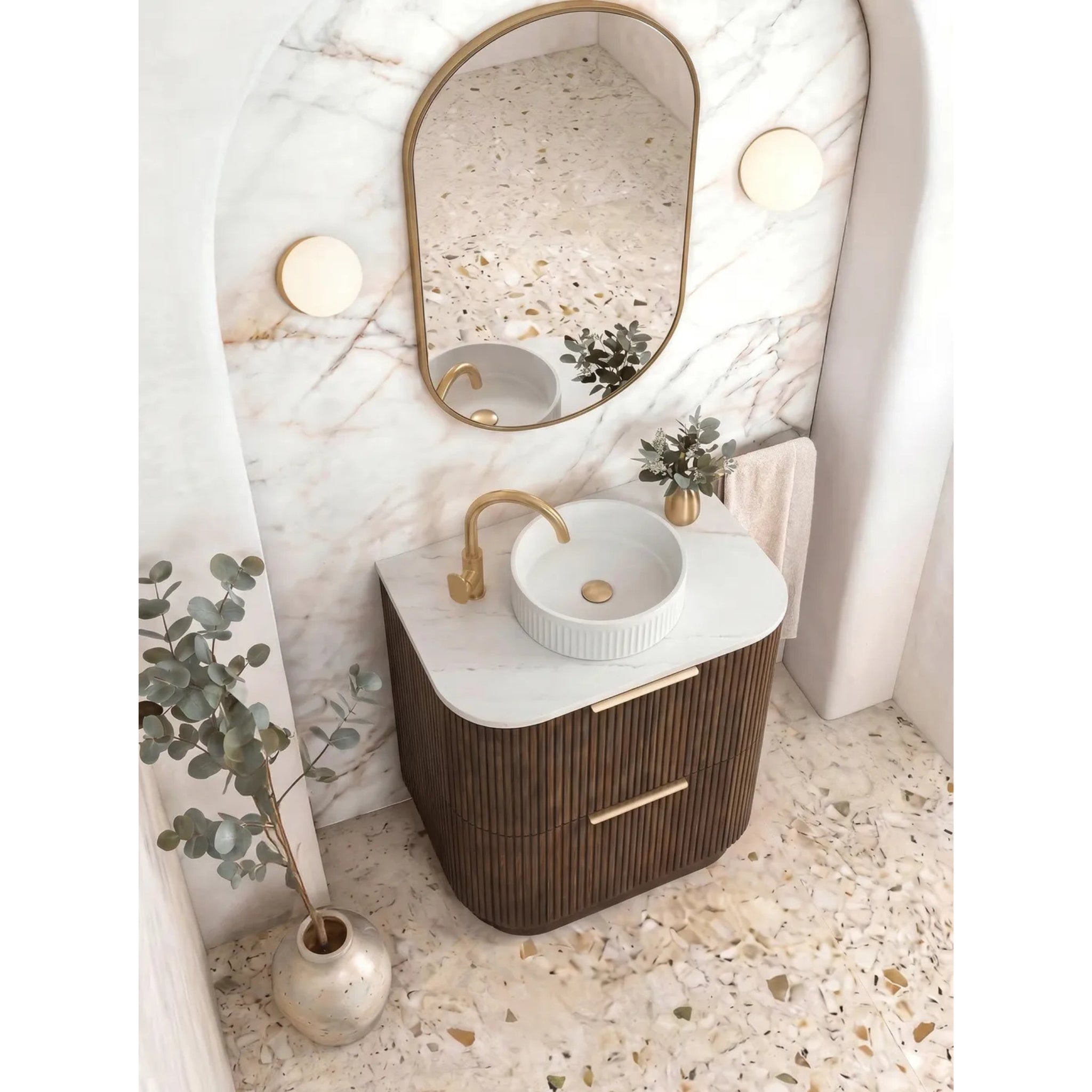 OTTI HAVANA SABLE WALNUT FLUTED 750MM CURVE SINGLE BOWL FLOOR STANDING VANITY