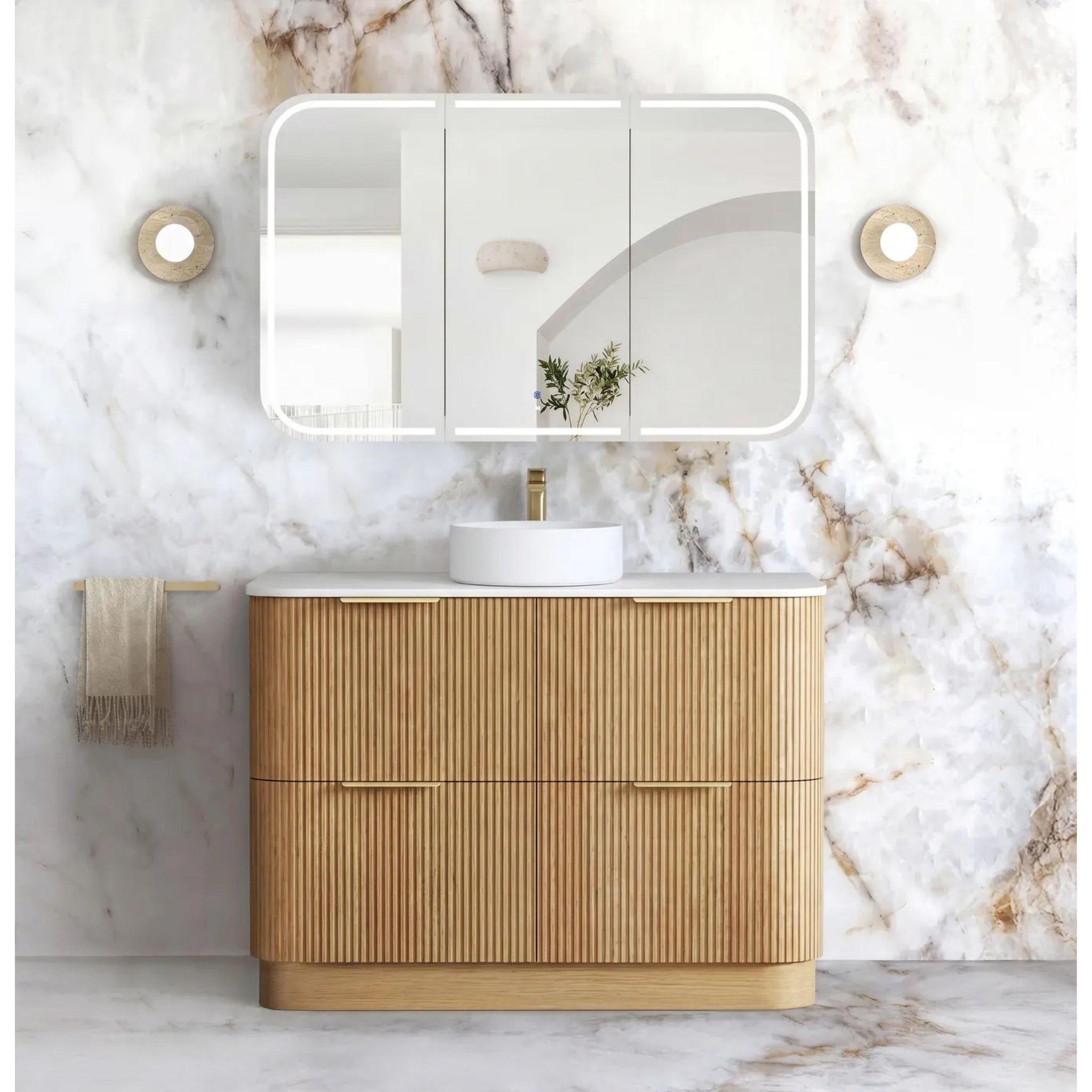 OTTI HAVANA WOODLAND OAK FLUTED 1200MM CURVE SINGLE BOWL FLOOR STANDING VANITY