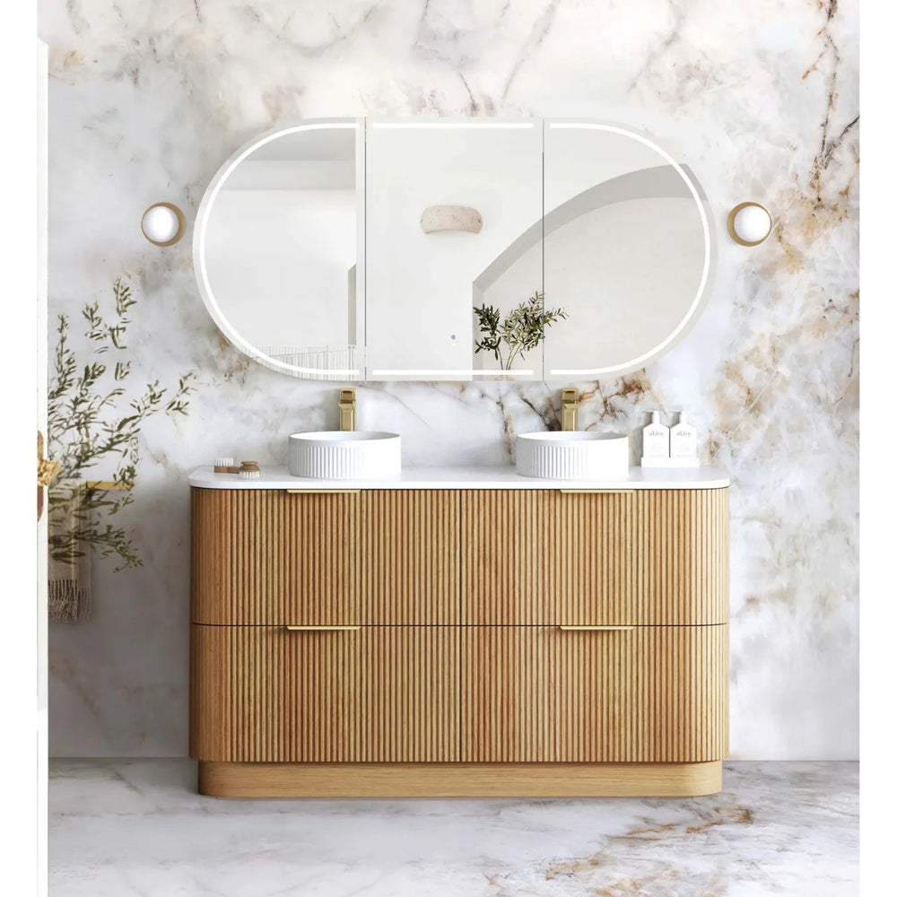 OTTI HAVANA WOODLAND OAK FLUTED 1500MM CURVE DOUBLE BOWL FLOOR STANDING VANITY
