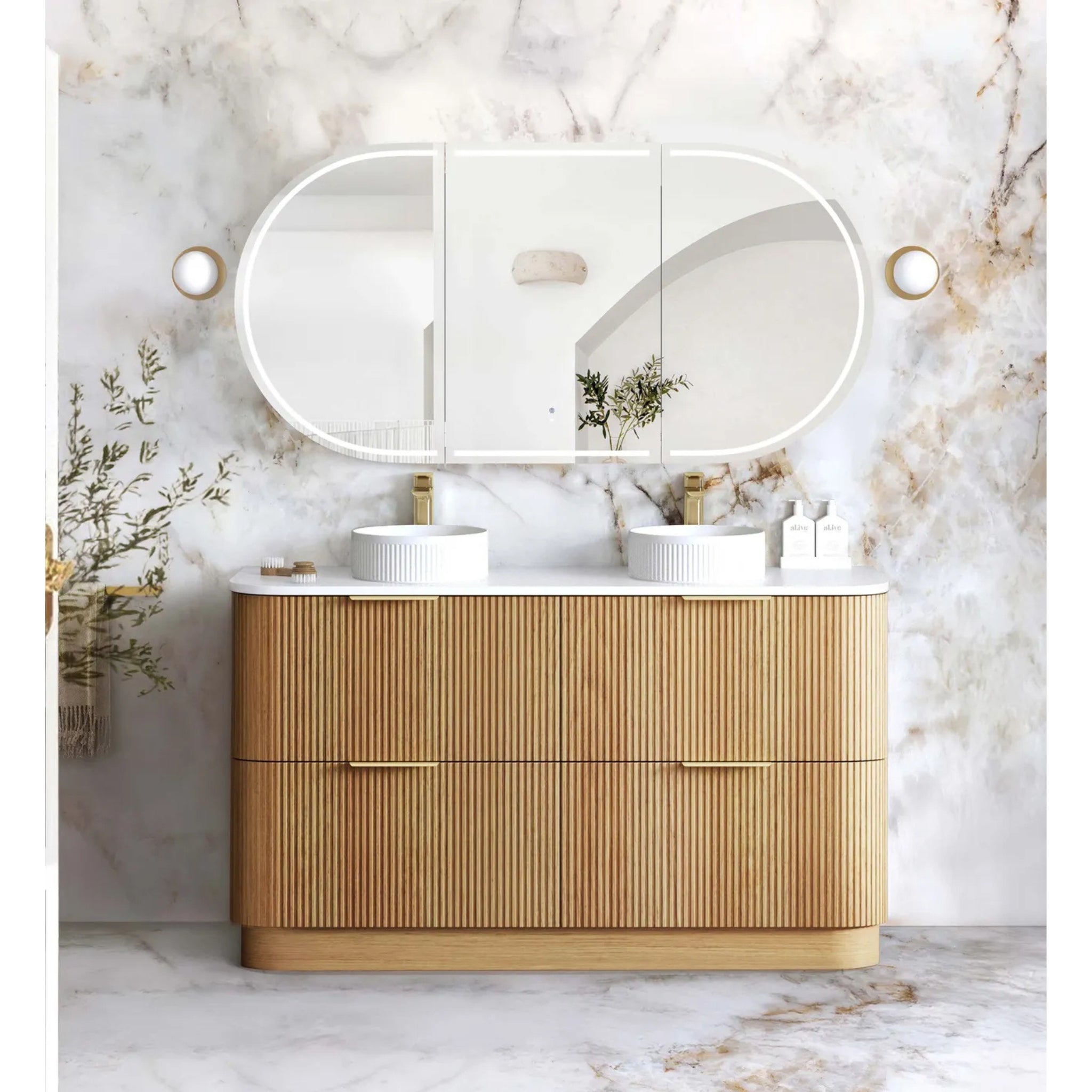 OTTI HAVANA WOODLAND OAK FLUTED 1500MM CURVE DOUBLE BOWL FLOOR STANDING VANITY