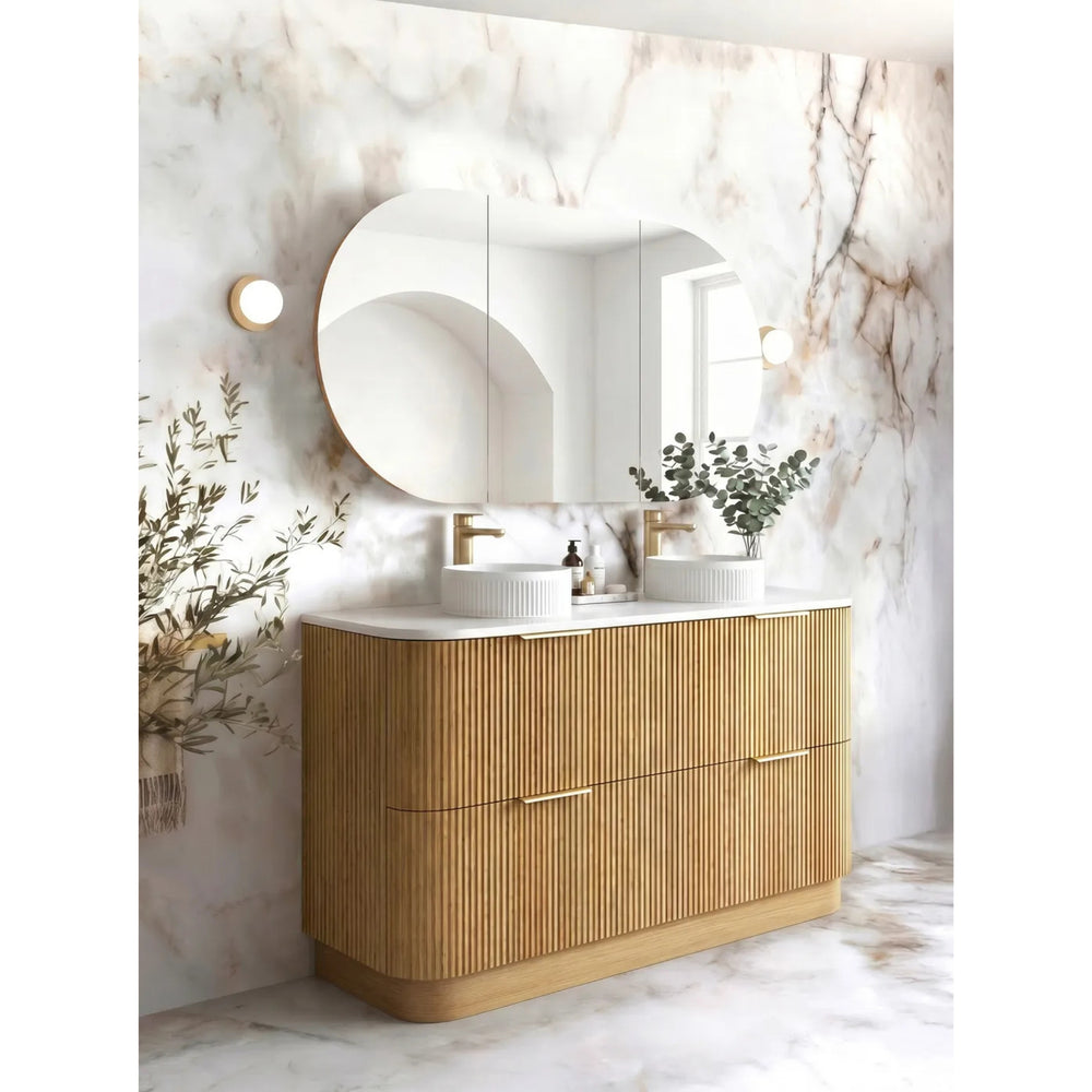 OTTI HAVANA WOODLAND OAK FLUTED 1500MM CURVE DOUBLE BOWL FLOOR STANDING VANITY