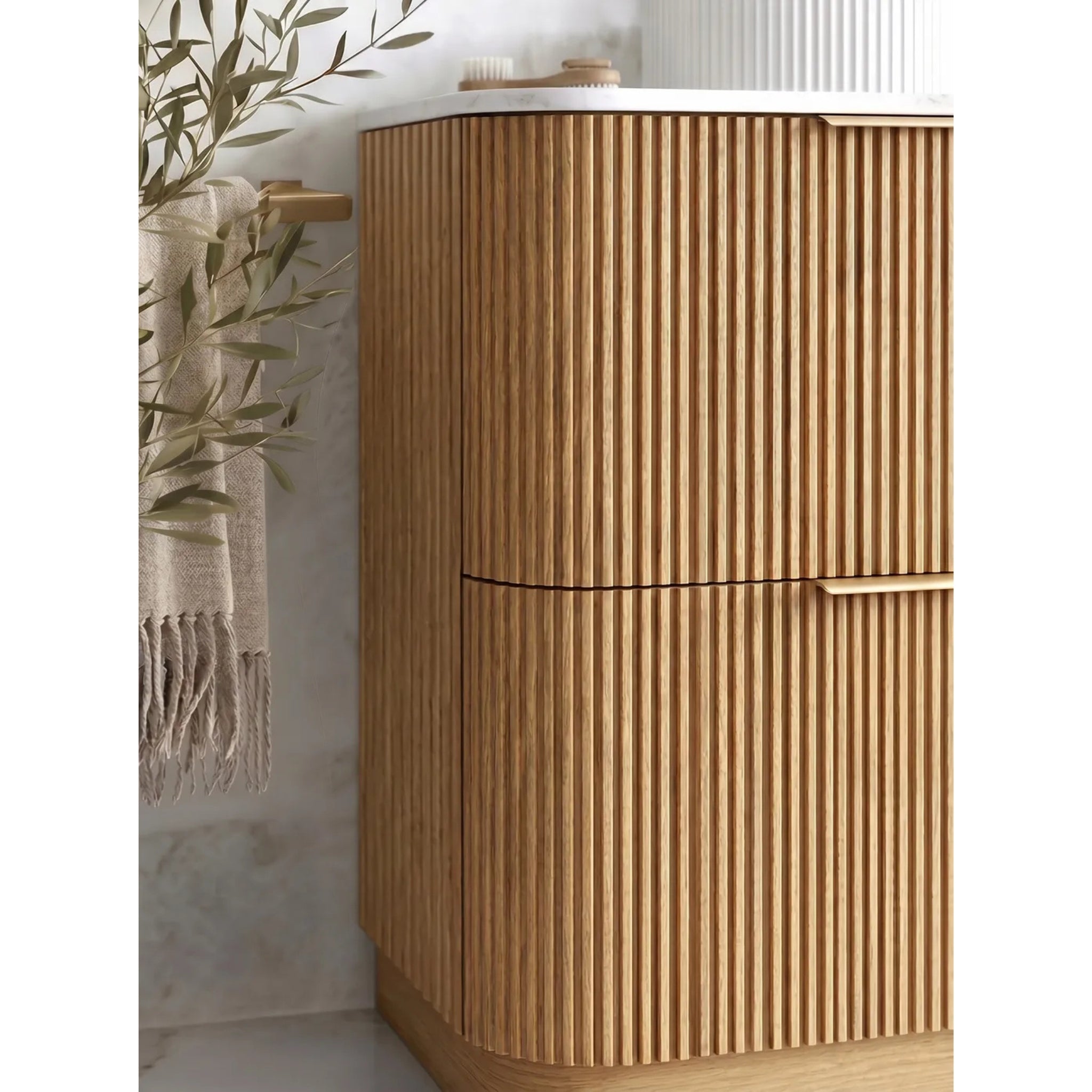 OTTI HAVANA WOODLAND OAK FLUTED 1500MM CURVE DOUBLE BOWL FLOOR STANDING VANITY