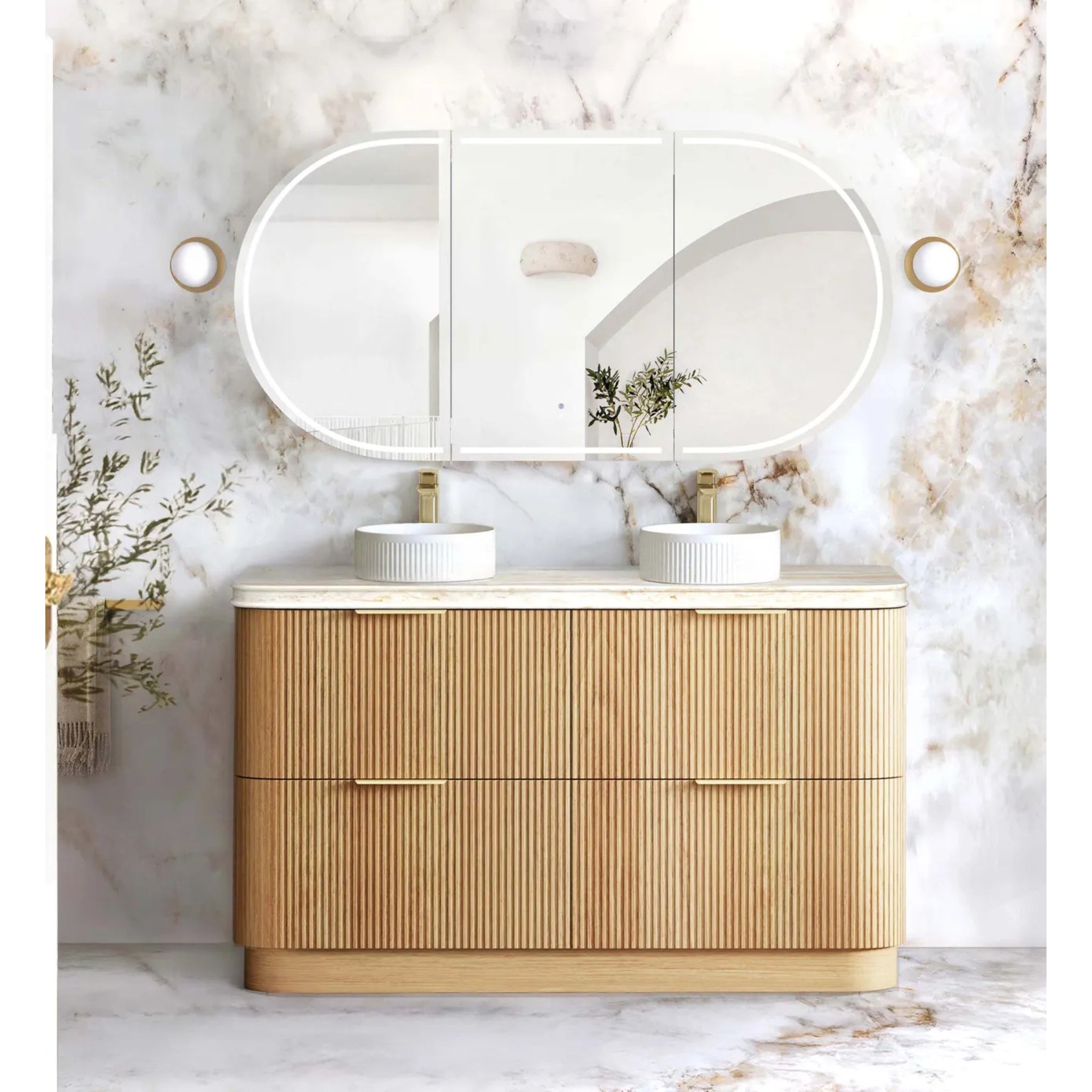 OTTI HAVANA WOODLAND OAK FLUTED 1500MM CURVE DOUBLE BOWL FLOOR STANDING VANITY