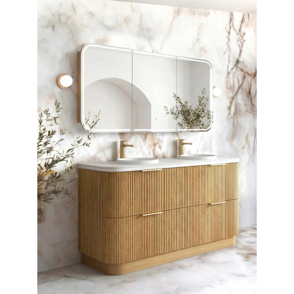 OTTI HAVANA WOODLAND OAK FLUTED 1800MM CURVE DOUBLE BOWL FLOOR STANDING VANITY
