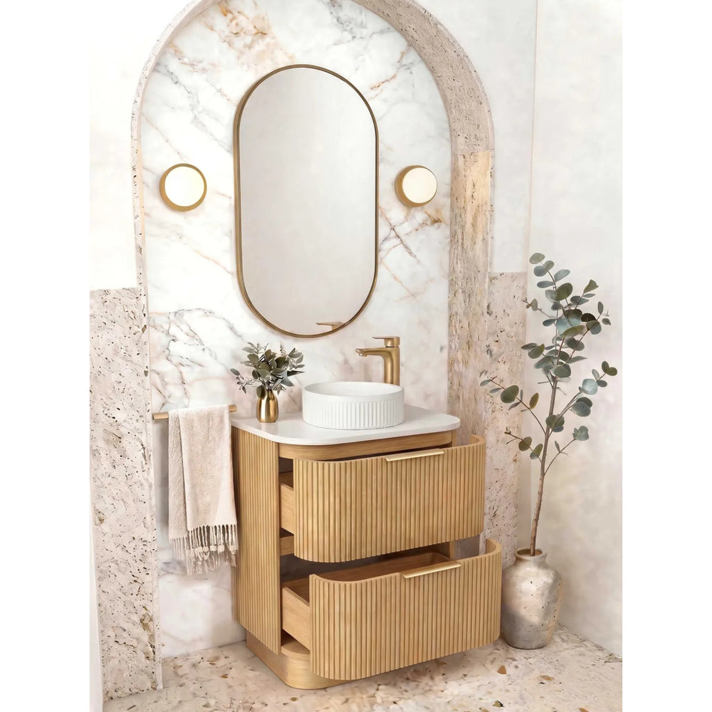 OTTI HAVANA WOODLAND OAK FLUTED 600MM CURVE SINGLE BOWL FLOOR STANDING VANITY