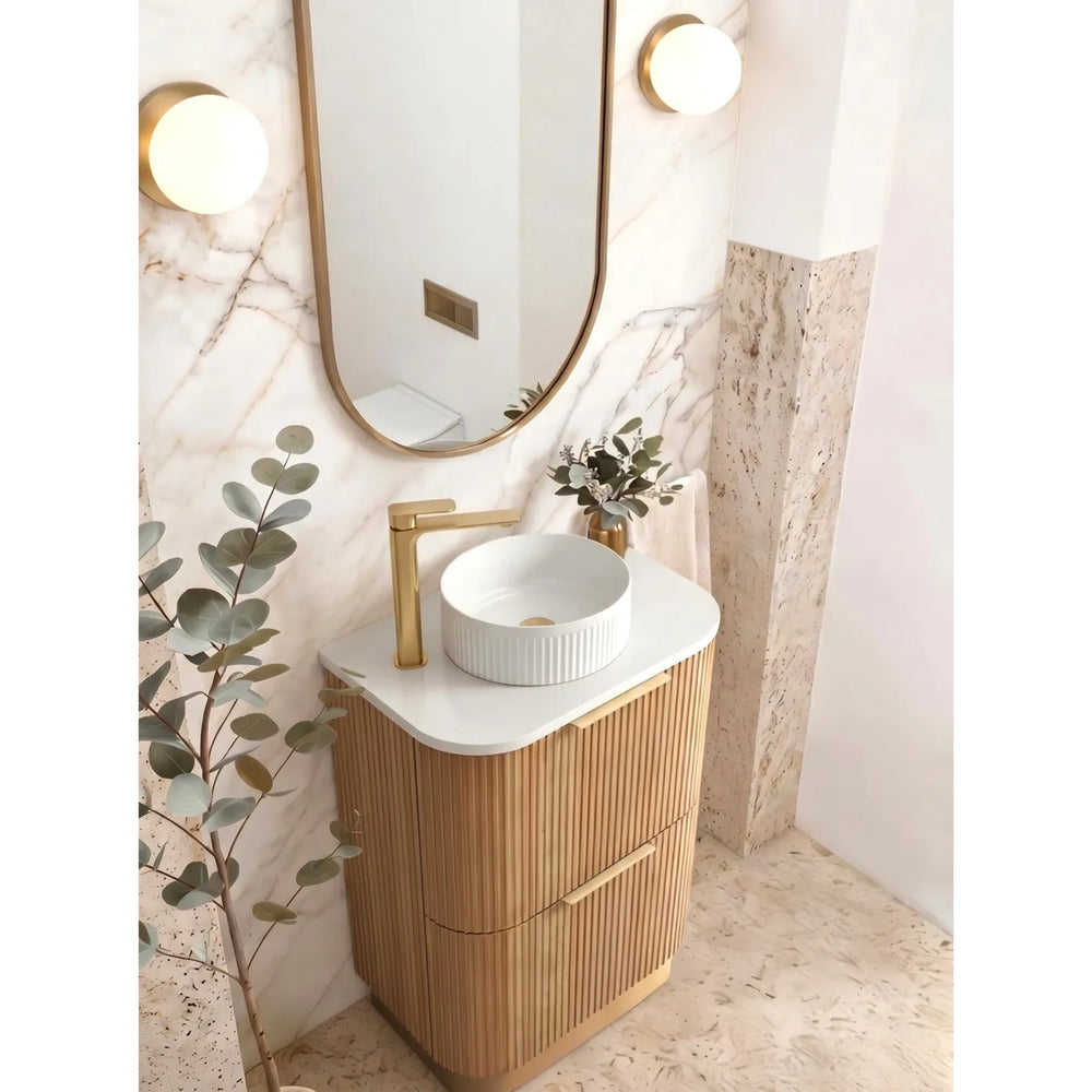 OTTI HAVANA WOODLAND OAK FLUTED 600MM CURVE SINGLE BOWL FLOOR STANDING VANITY