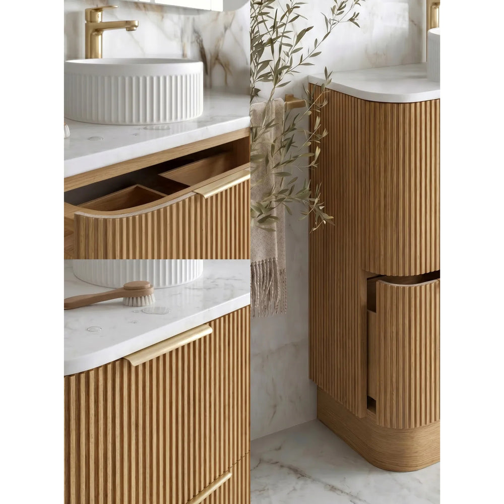 OTTI HAVANA WOODLAND OAK FLUTED 600MM CURVE SINGLE BOWL FLOOR STANDING VANITY