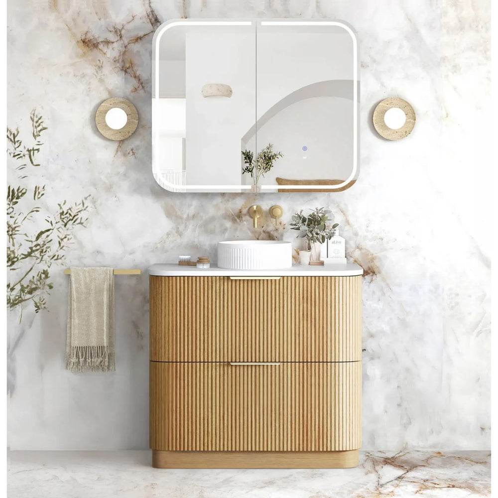 OTTI HAVANA WOODLAND OAK FLUTED 900MM CURVE SINGLE BOWL FLOOR STANDING VANITY