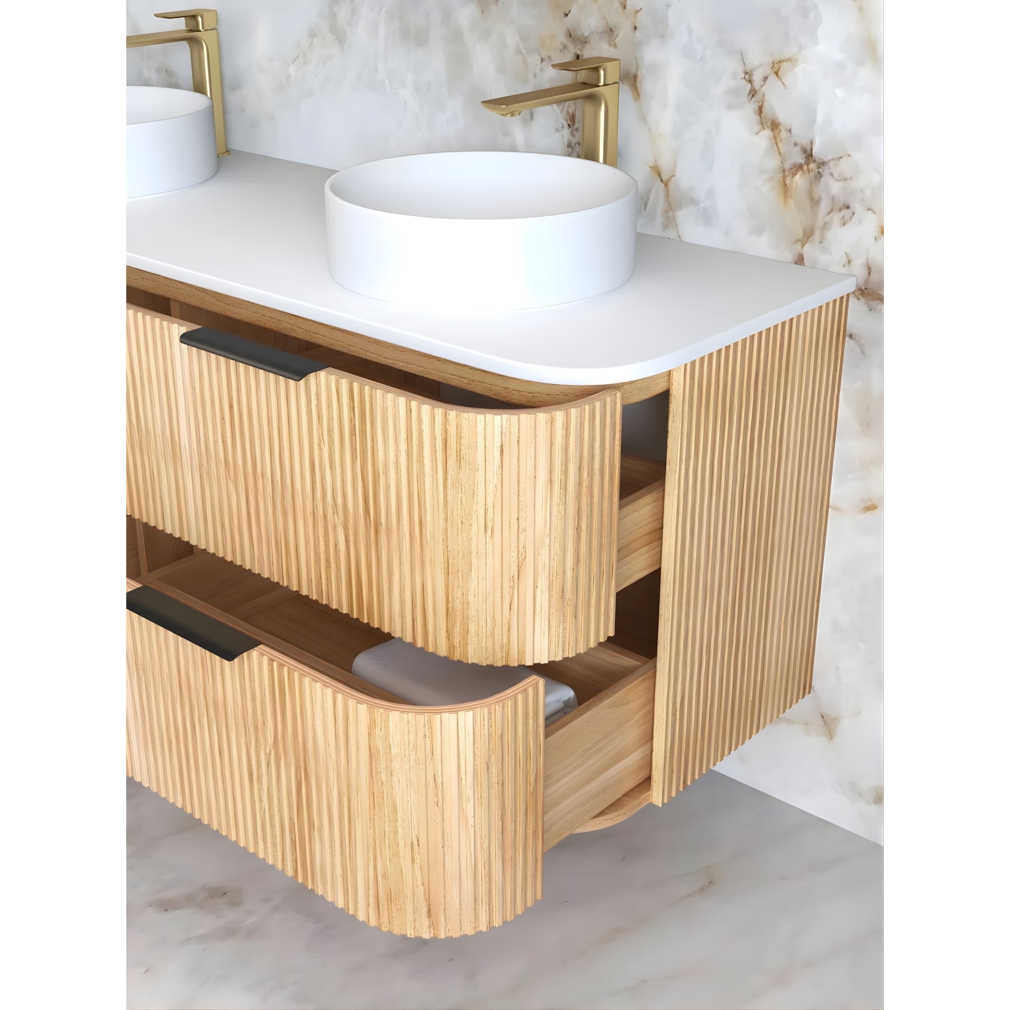 OTTI HAVANA WOODLAND OAK FLUTED 1500MM CURVE DOUBLE BOWL WALL HUNG VANITY