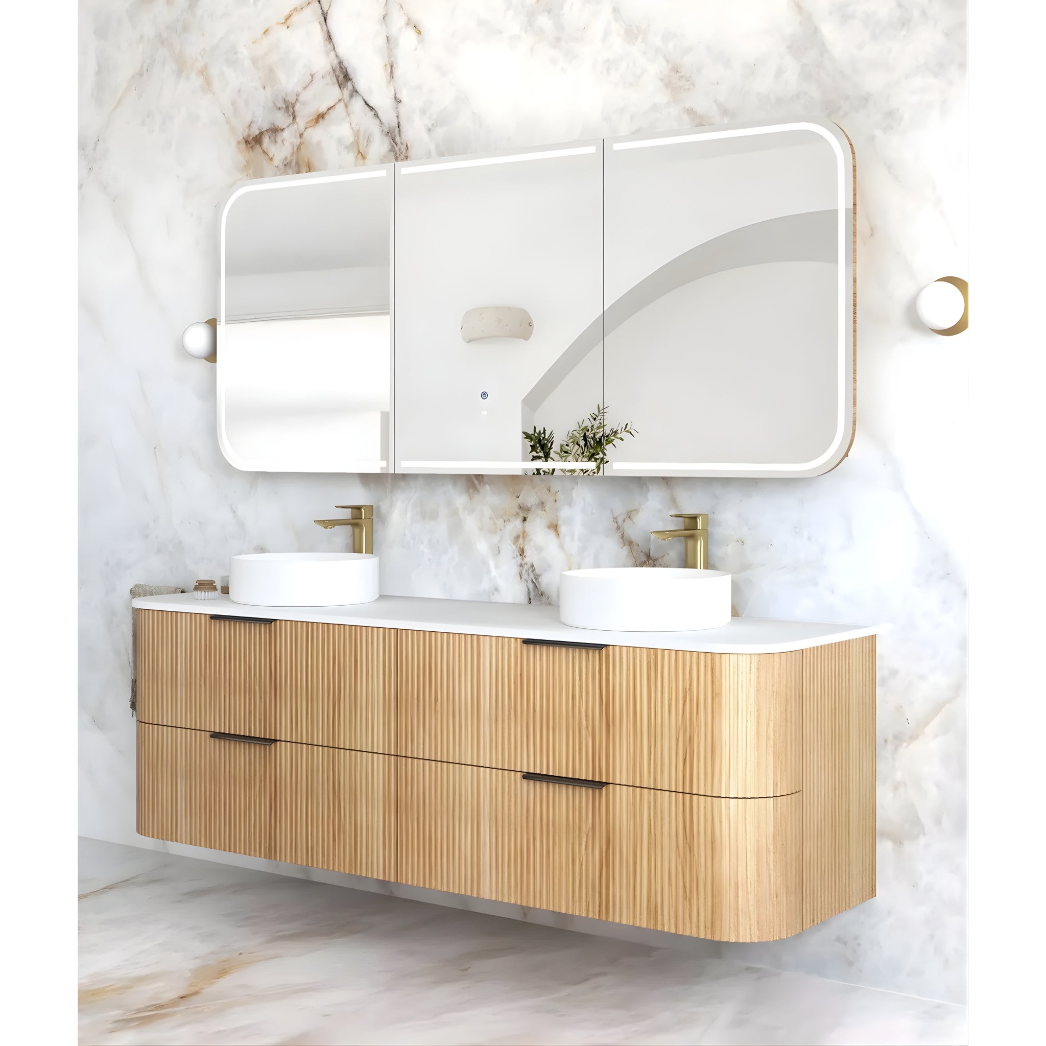 OTTI HAVANA WOODLAND OAK FLUTED 1800MM CURVE DOUBLE BOWL WALL HUNG VANITY