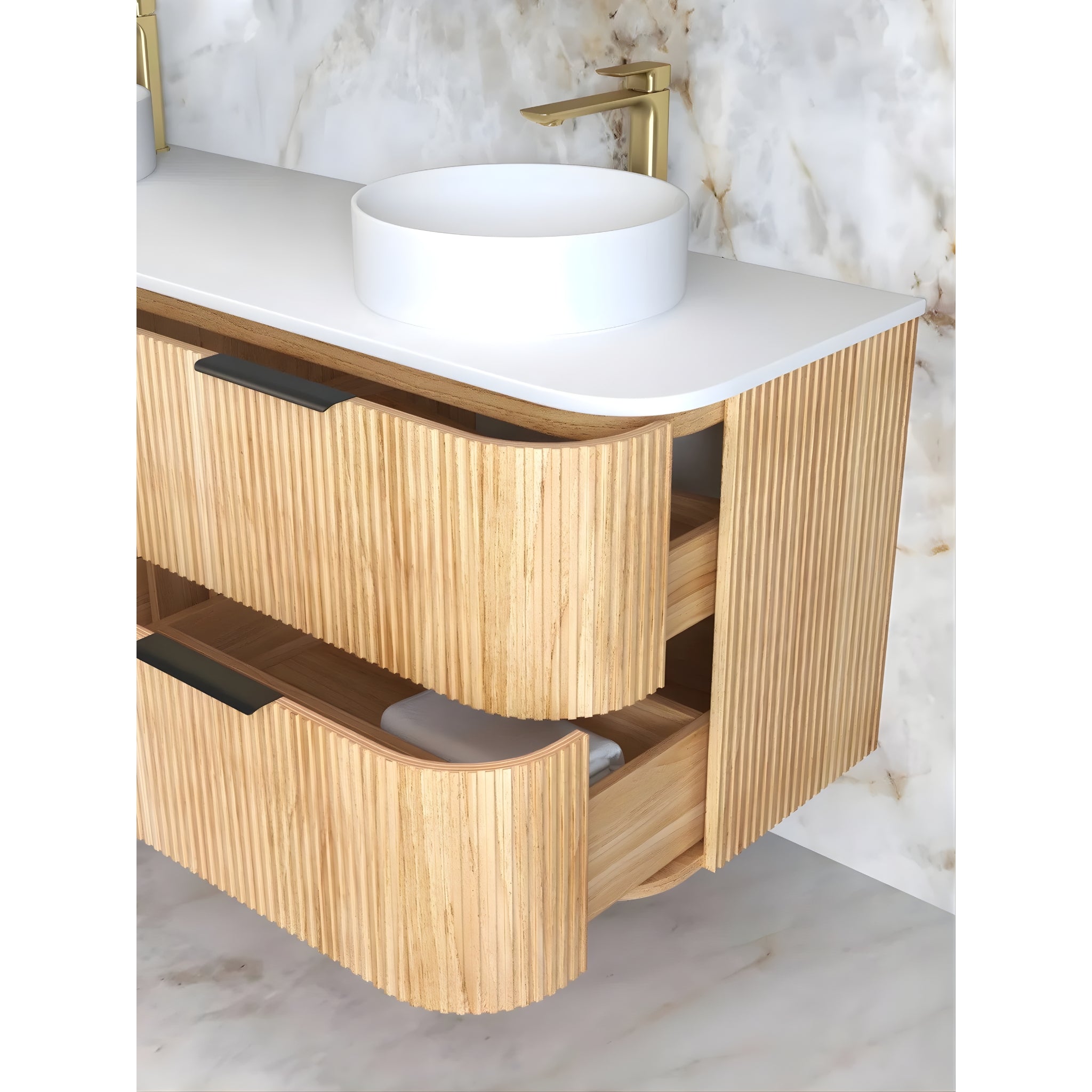 OTTI HAVANA WOODLAND OAK FLUTED 1800MM CURVE DOUBLE BOWL WALL HUNG VANITY