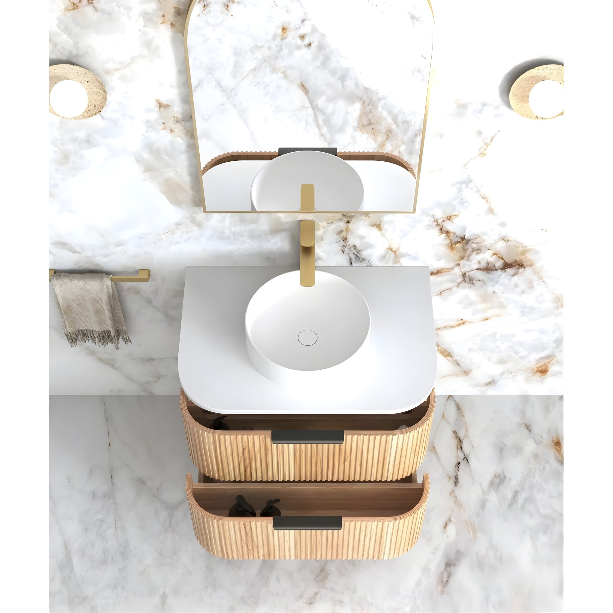 OTTI HAVANA WOODLAND OAK FLUTED 750MM CURVE SINGLE BOWL WALL HUNG VANITY