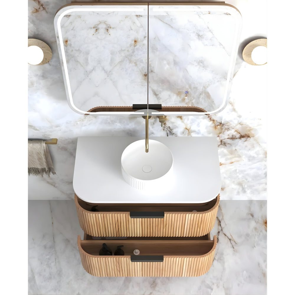 OTTI HAVANA WOODLAND OAK FLUTED 900MM CURVE SINGLE BOWL WALL HUNG VANITY
