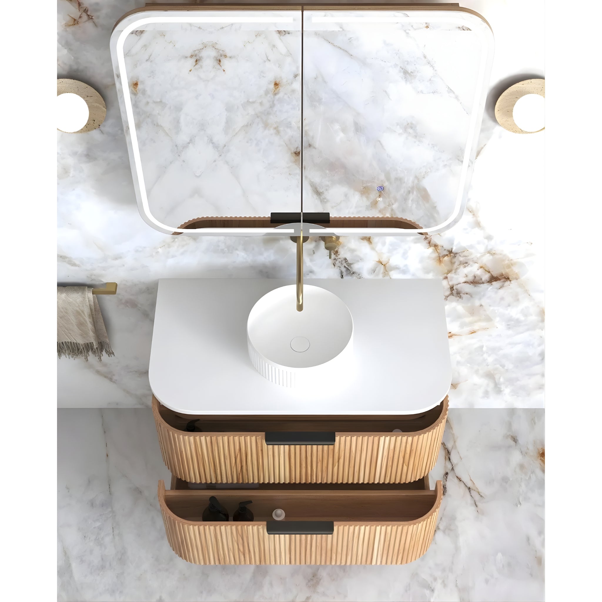 OTTI HAVANA WOODLAND OAK FLUTED 900MM CURVE SINGLE BOWL WALL HUNG VANITY