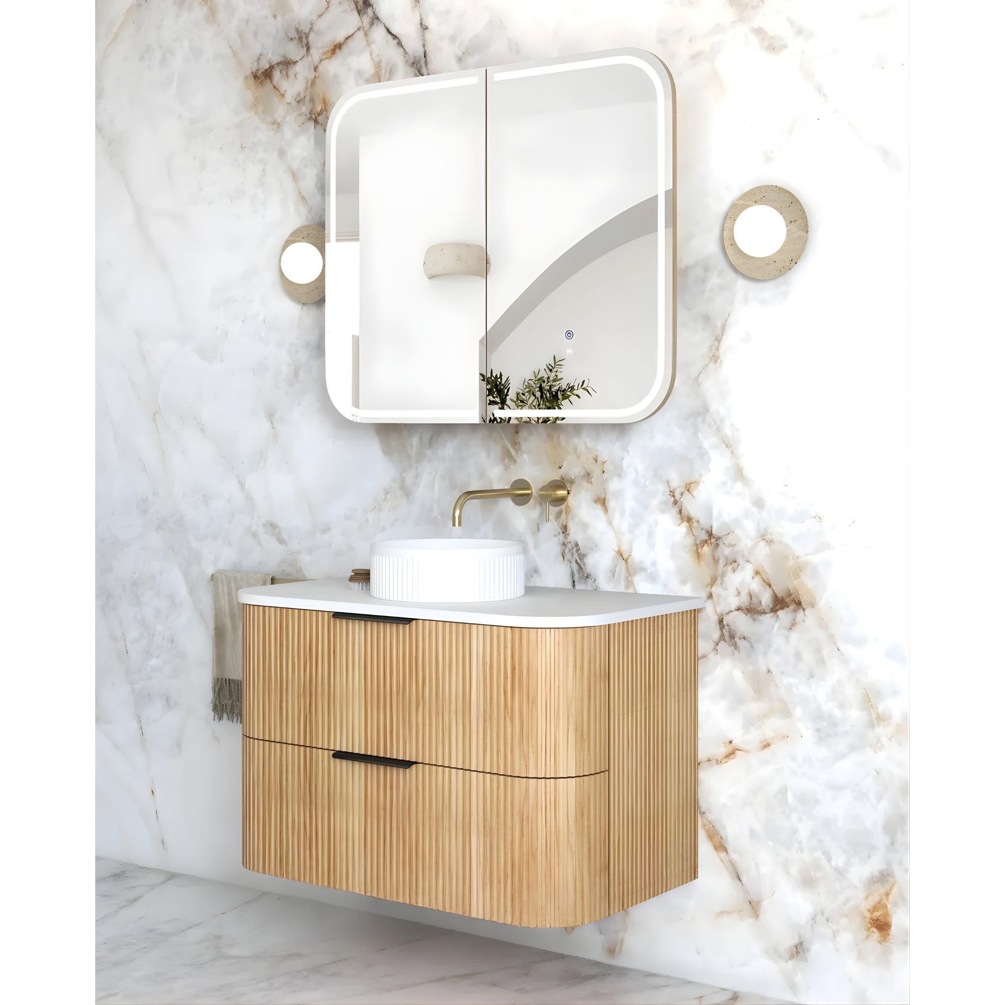 OTTI HAVANA WOODLAND OAK FLUTED 900MM CURVE SINGLE BOWL WALL HUNG VANITY