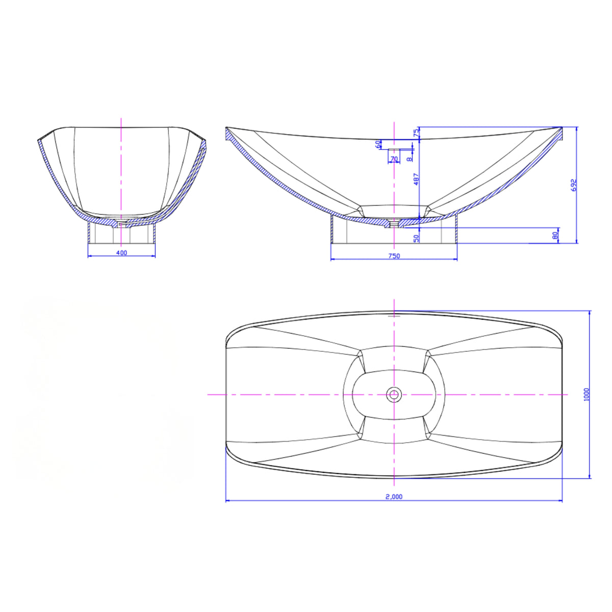 HAMMOCK MIRAGE MARK II FREESTANDING BATHTUB WITH OVERFLOW ALABASTER 2000MM