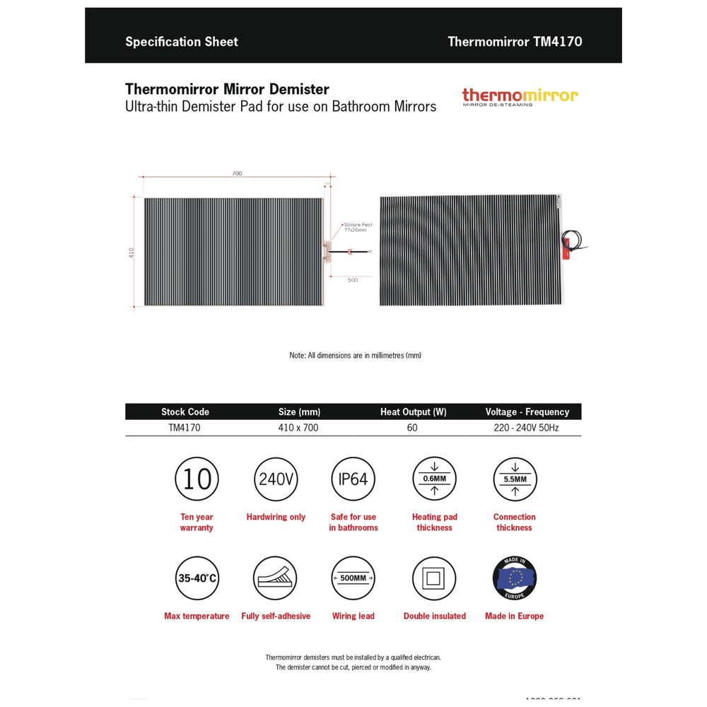 THERMOGROUP ABLAZE STANDARD D-SHAPE POLISHED EDGE HUNG MIRROR WITH DEMISTER 1200X900MM