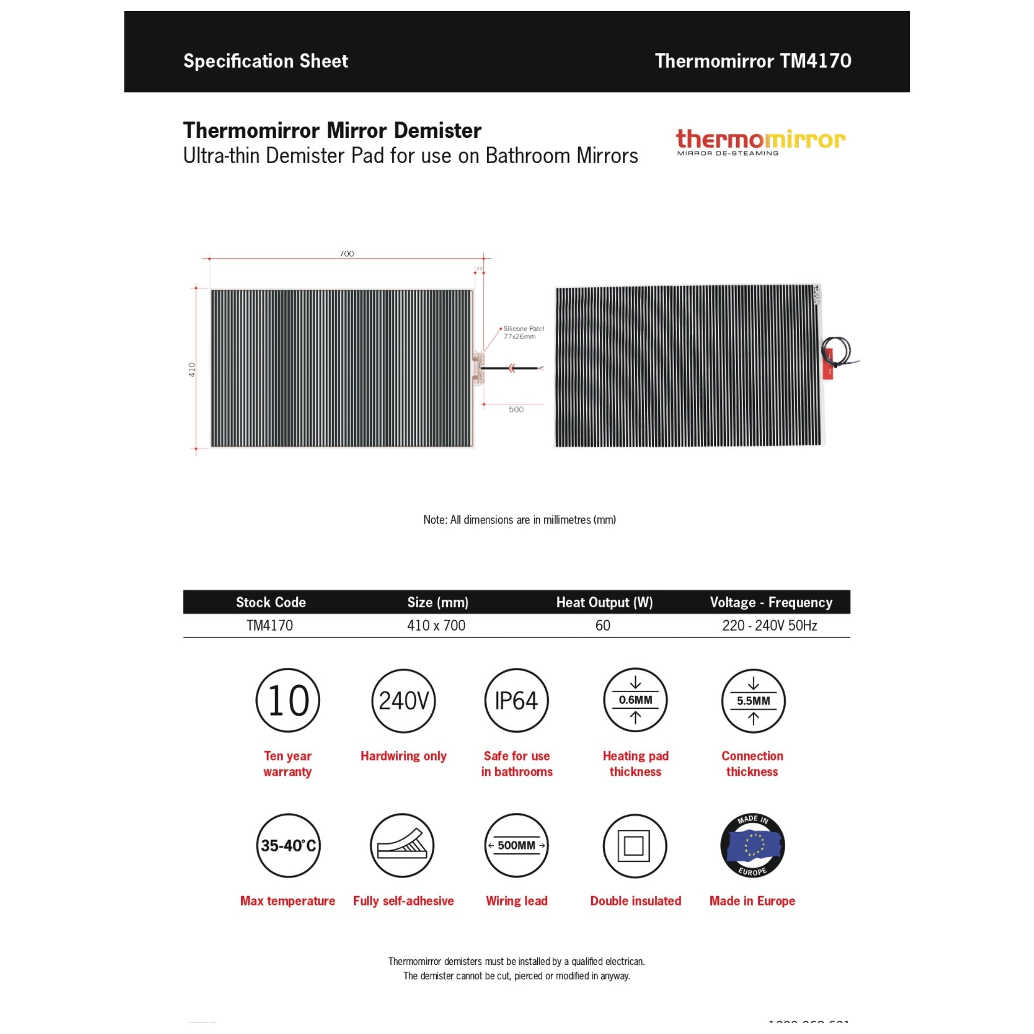 THERMOGROUP ABLAZE STANDARD D-SHAPE POLISHED EDGE HUNG MIRROR WITH DEMISTER 1200X900MM
