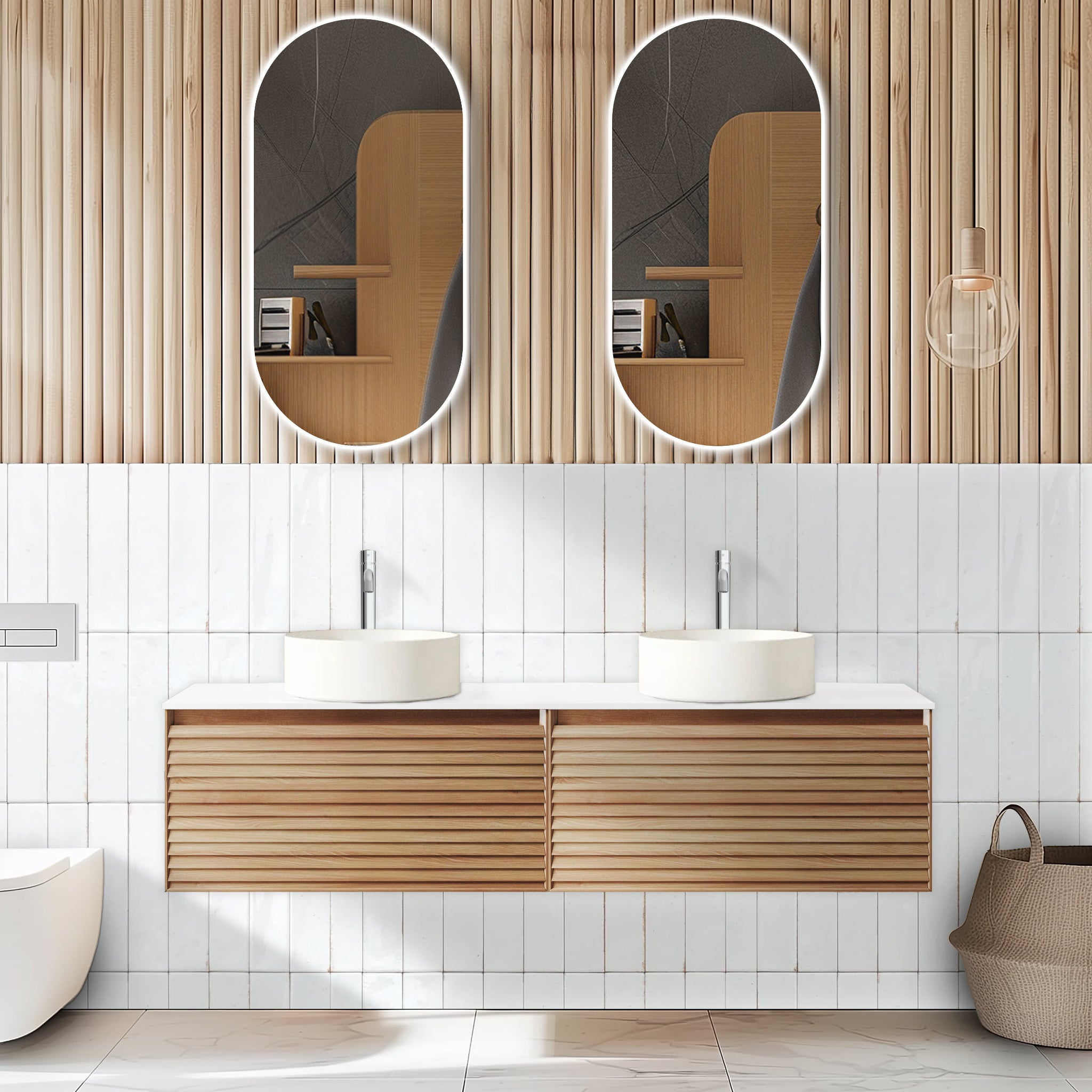ORIO HAMILTON ACACIA WOOD 1500MM DOUBLE BOWL WALL HUNG VANITY