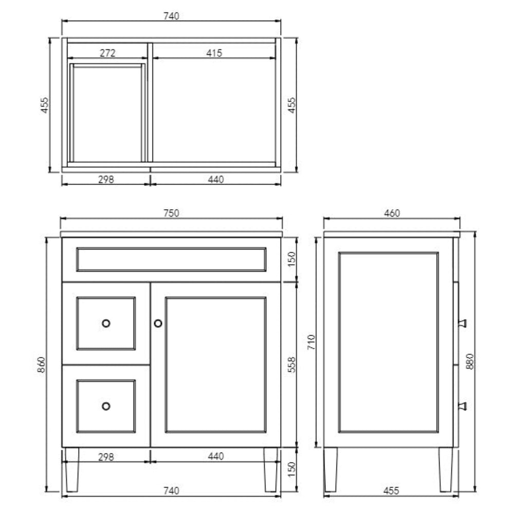 VITO HAMILTON MATTE WHITE 750MM SINGLE BOWL FLOOR STANDING VANITY (AVAILABLE IN LEFT AND RIGHT HAND DRAWER)