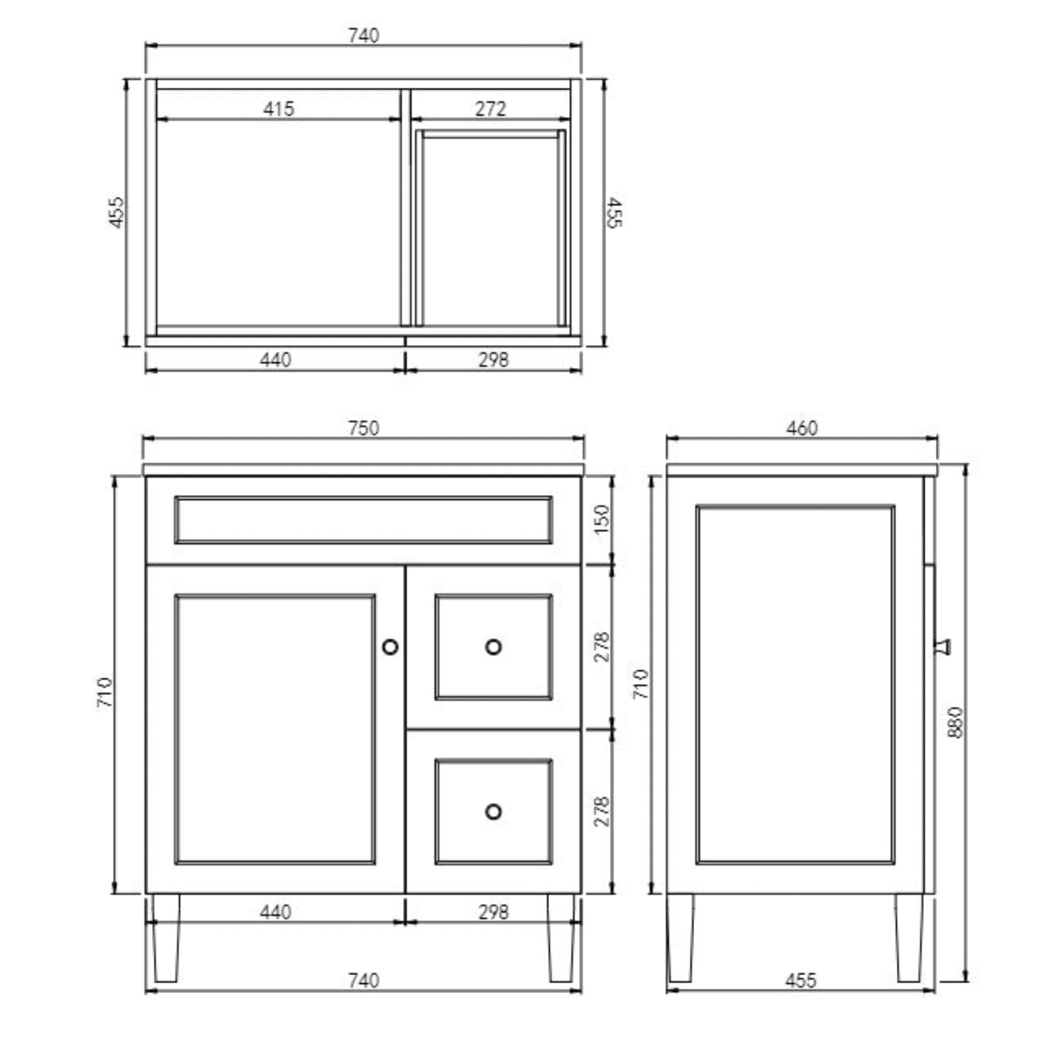VITO HAMILTON MATTE WHITE 750MM SINGLE BOWL FLOOR STANDING VANITY (AVAILABLE IN LEFT AND RIGHT HAND DRAWER)
