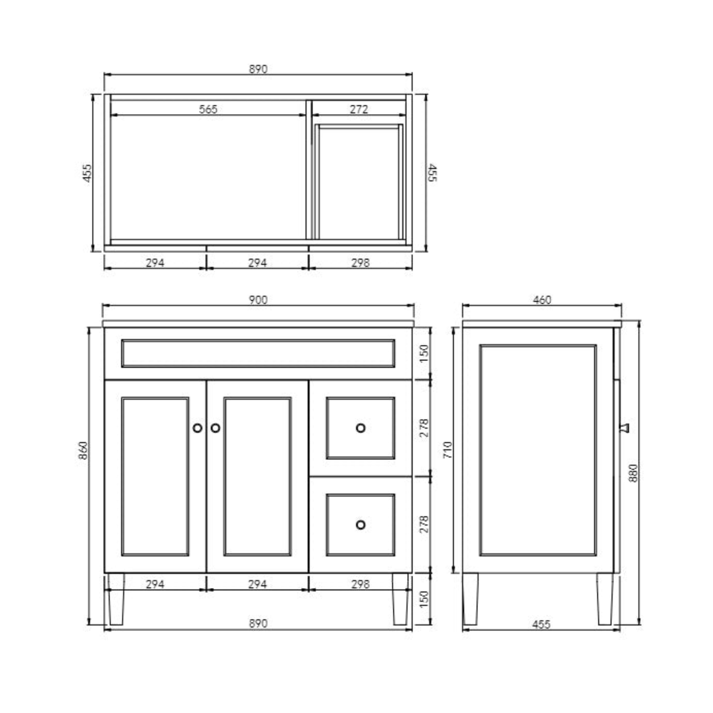 VITO HAMILTON MATTE WHITE 900MM SINGLE BOWL FLOOR STANDING VANITY (AVAILABLE IN LEFT AND RIGHT HAND DRAWER)