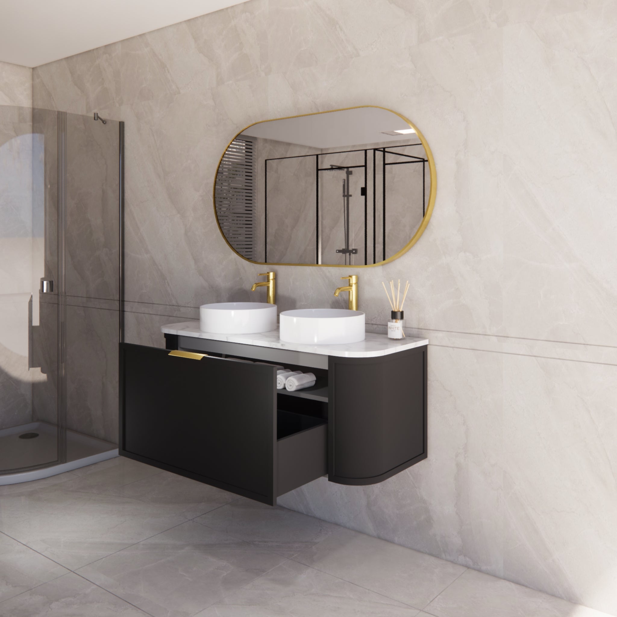 RIVA HOUSTON MATTE BLACK 1200MM DOUBLE BOWL WALL HUNG VANITY