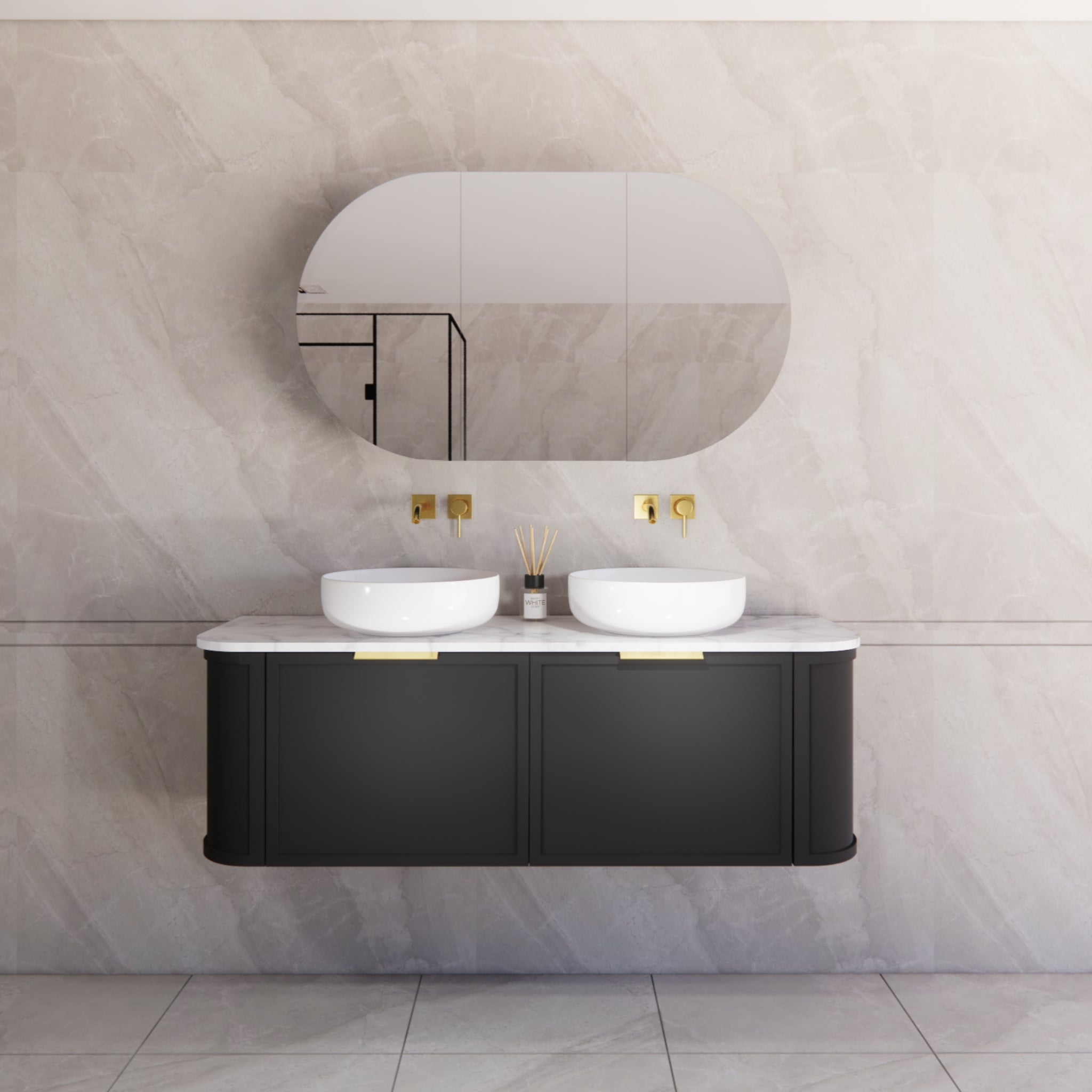 RIVA HOUSTON MATTE BLACK 1500MM DOUBLE BOWL WALL HUNG VANITY