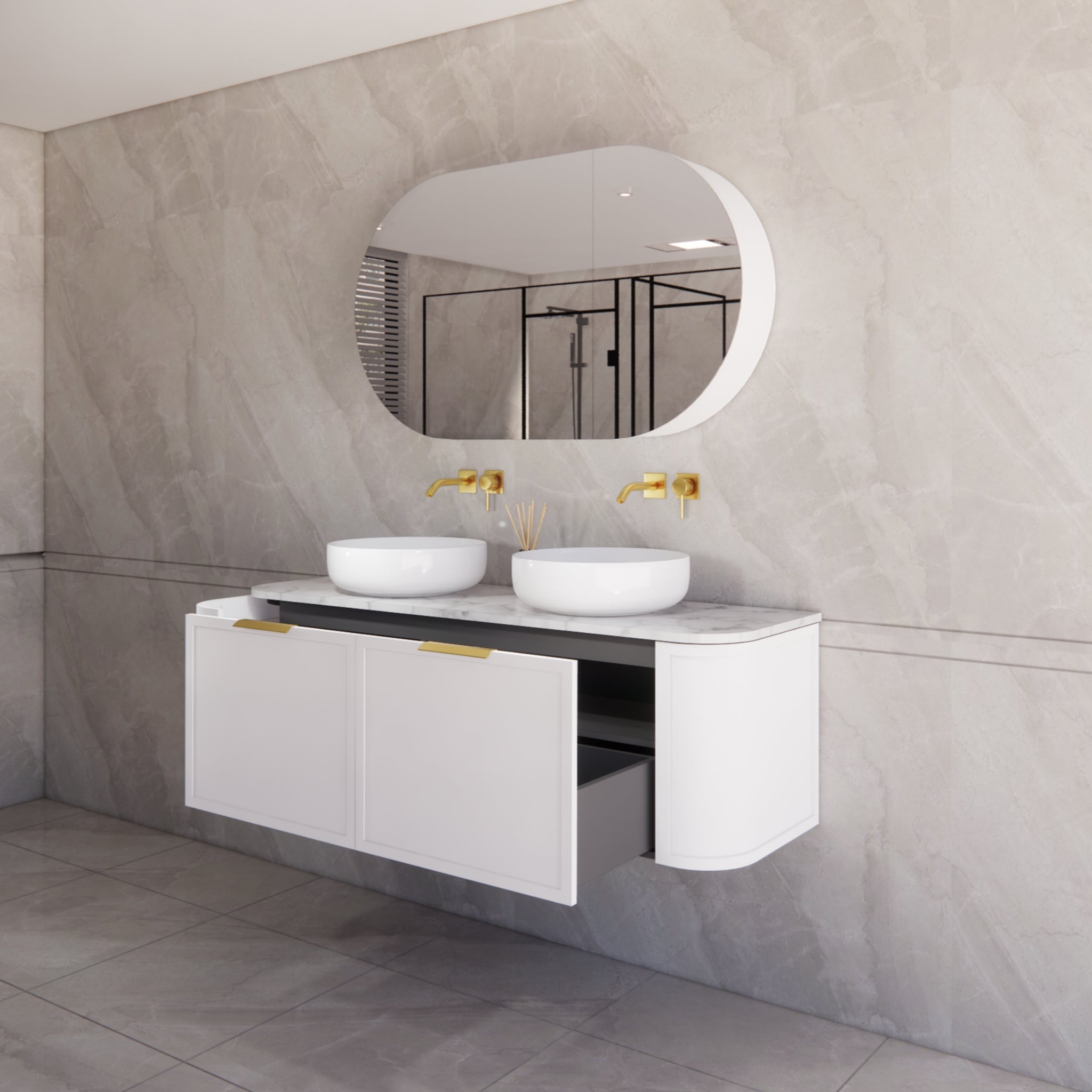 RIVA HOUSTON MATTE WHITE 1500MM DOUBLE BOWL WALL HUNG VANITY