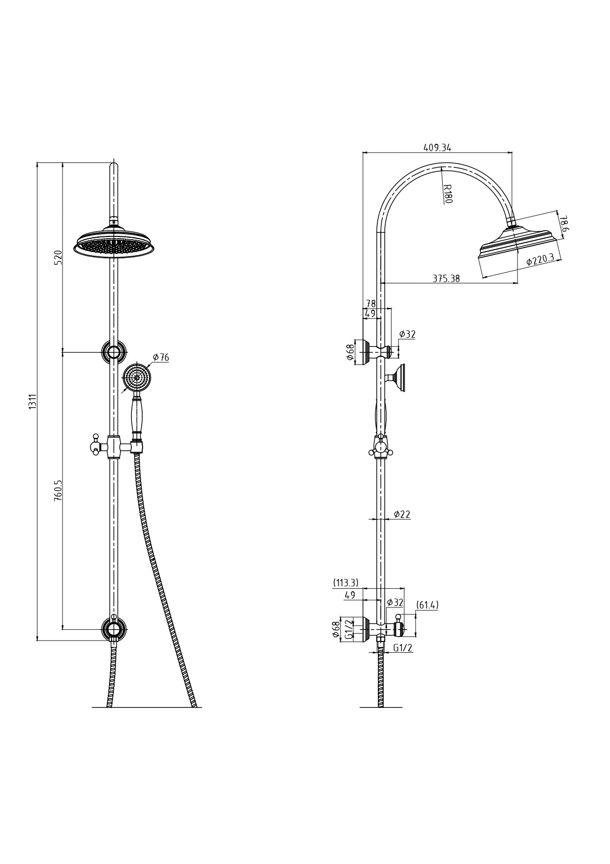 IKON CLASICO COMBINATION SHOWER SET 1311MM BRUSHED GOLD