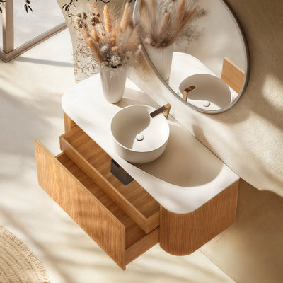 ORIO HAYMAN LIGHT WALNUT FLUTED 1200MM CURVE SINGLE BOWL WALL HUNG VANITY