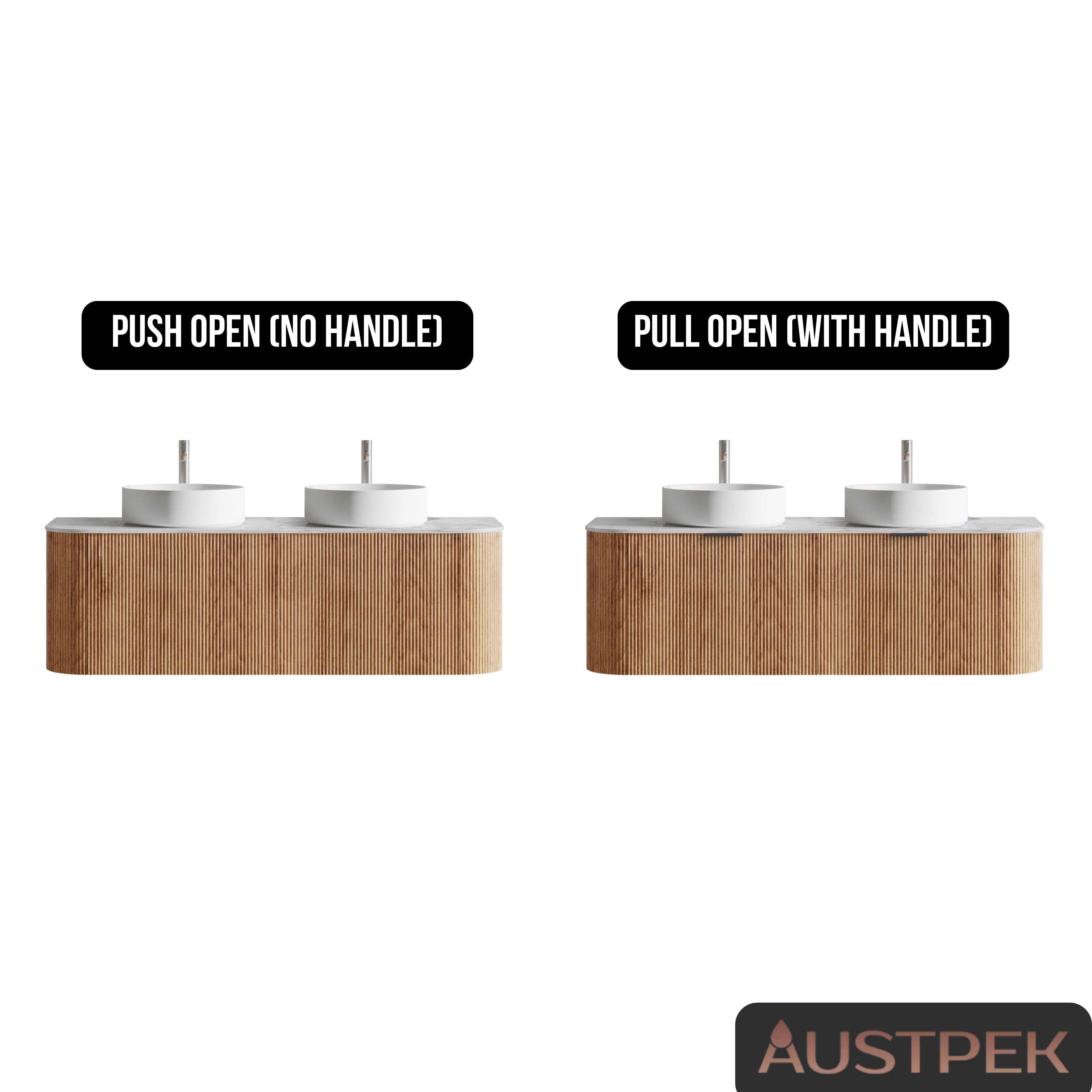 ORIO HAYMAN LIGHT WALNUT FLUTED 1500MM CURVE DOUBLE BOWL WALL HUNG VANITY