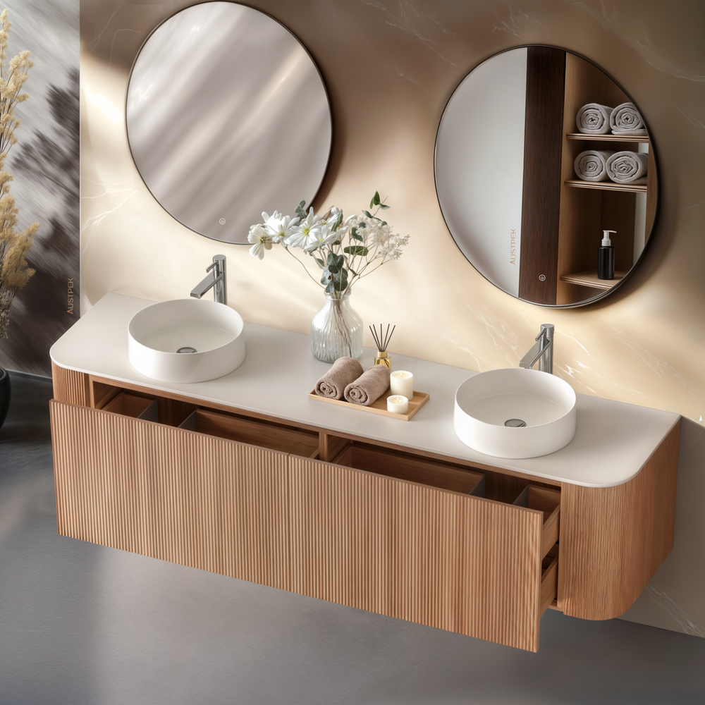 ORIO HAYMAN LIGHT WALNUT FLUTED 1800MM CURVE DOUBLE BOWL WALL HUNG VANITY