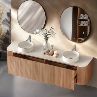 ORIO HAYMAN LIGHT WALNUT FLUTED 1800MM CURVE DOUBLE BOWL WALL HUNG VANITY