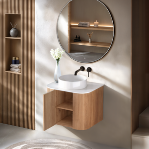 ORIO HAYMAN LIGHT WALNUT FLUTED 600MM CURVE SINGLE BOWL WALL HUNG VANITY
