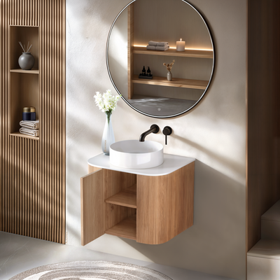 ORIO HAYMAN LIGHT WALNUT FLUTED 600MM CURVE SINGLE BOWL WALL HUNG VANITY