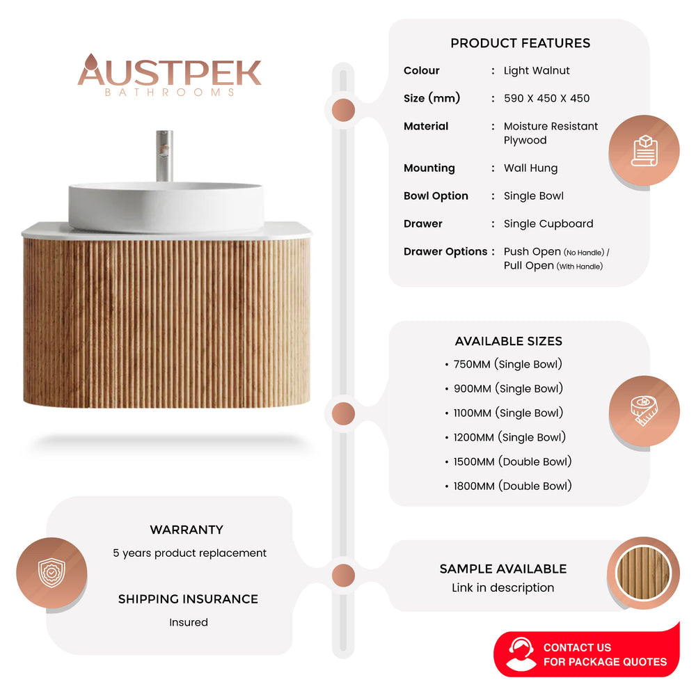 ORIO HAYMAN LIGHT WALNUT FLUTED 600MM CURVE SINGLE BOWL WALL HUNG VANITY