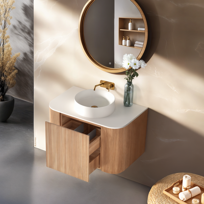 ORIO HAYMAN LIGHT WALNUT FLUTED 750MM CURVE SINGLE BOWL WALL HUNG VANITY