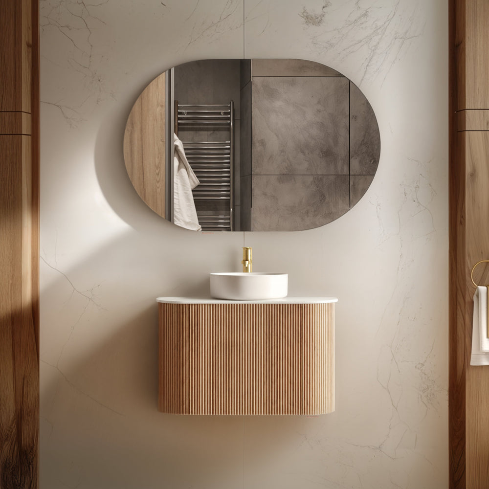 ORIO HAYMAN LIGHT WALNUT FLUTED 750MM CURVE SINGLE BOWL WALL HUNG VANITY
