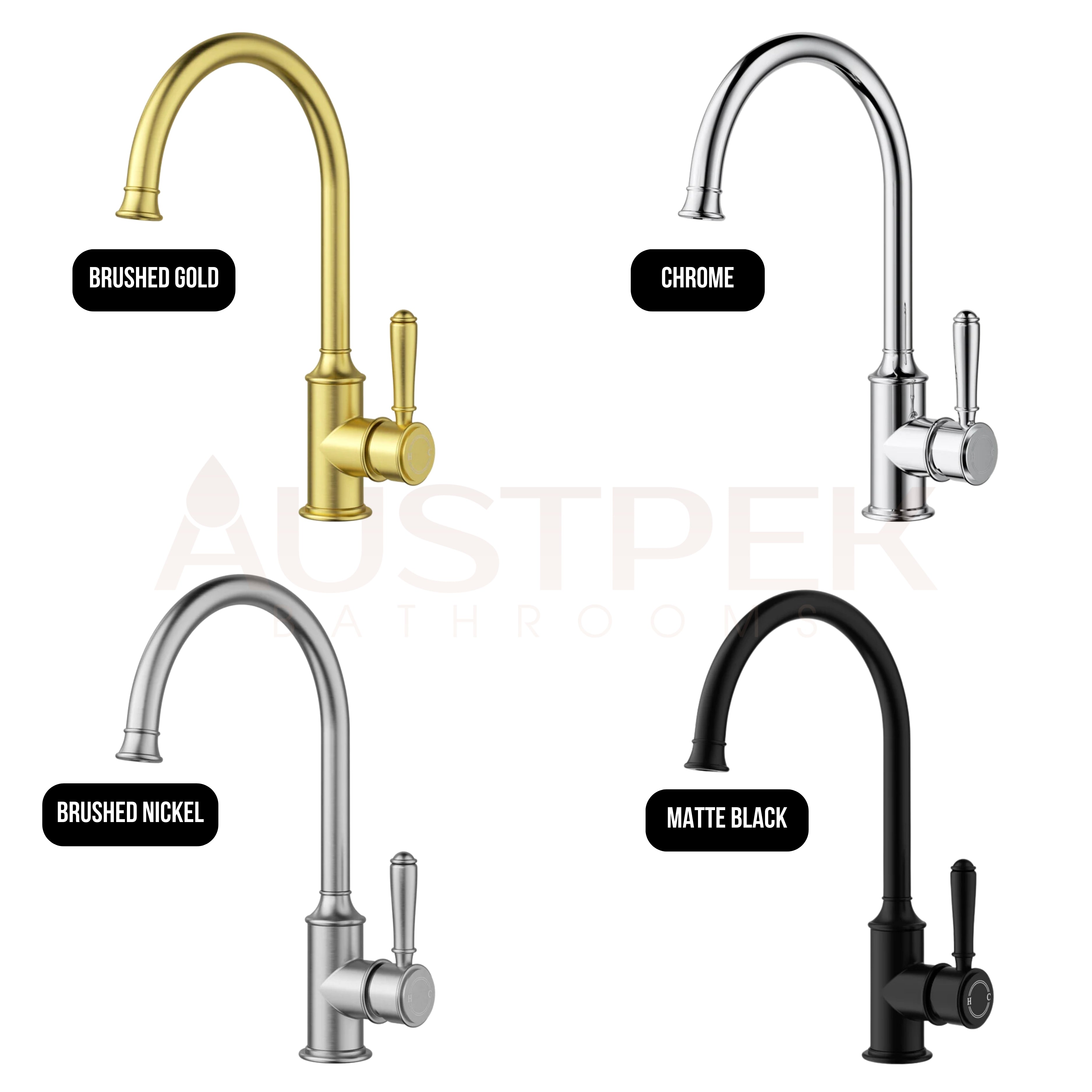 IKON CLASICO GOOSENECK SINK MIXER 340MM MATTE BLACK (BRASS HANDLE)