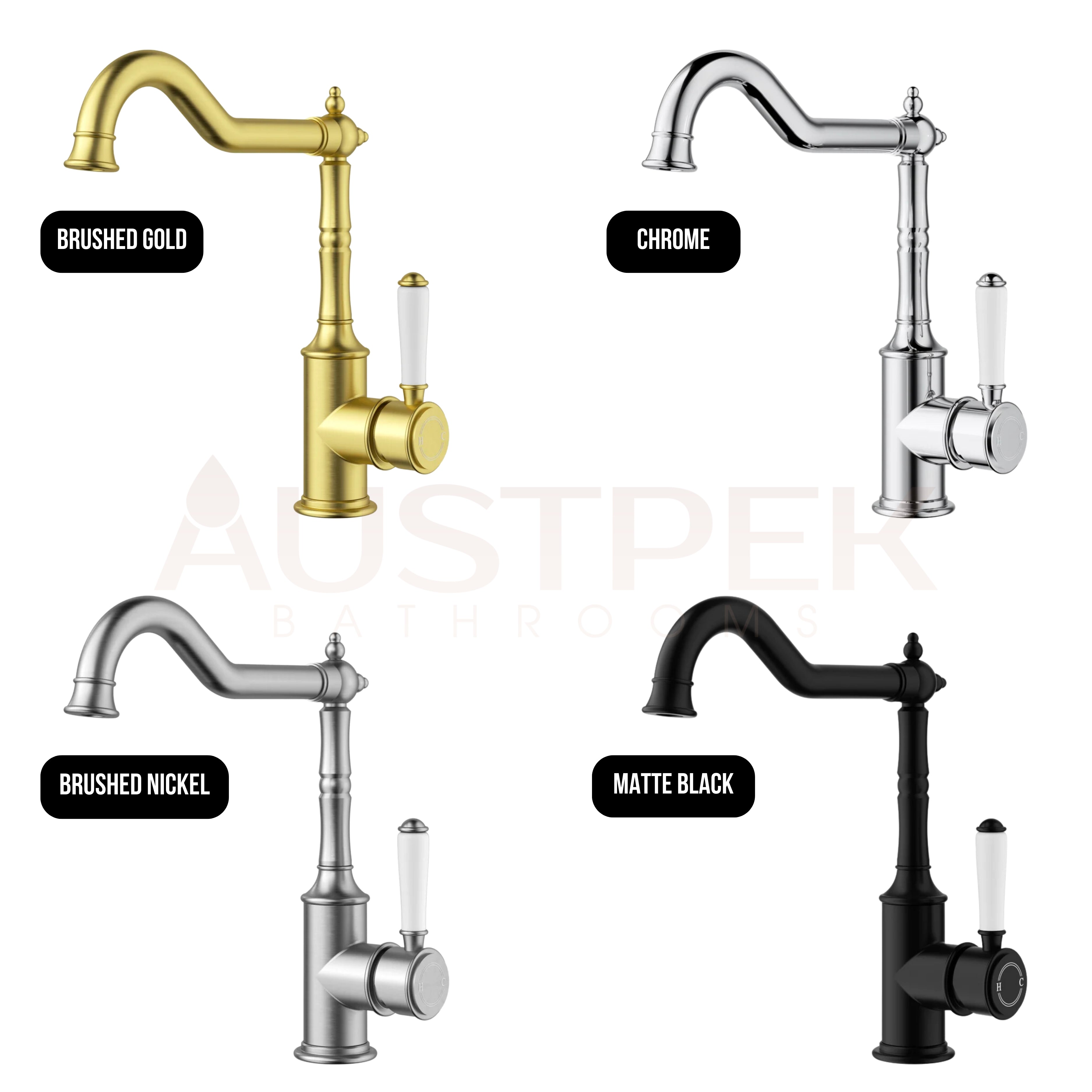 IKON CLASICO SINK MIXER 35MM BRUSHED GOLD (CERAMIC HANDLE)