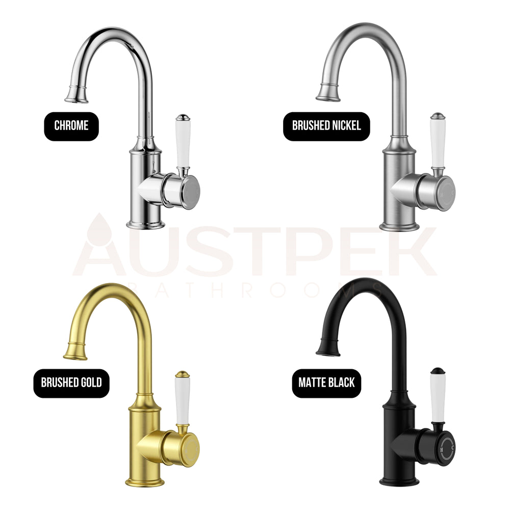 IKON CLASICO LEAD FREE GOOSENECK BASIN MIXER 271MM MATTE BLACK (CERAMIC HANDLE)