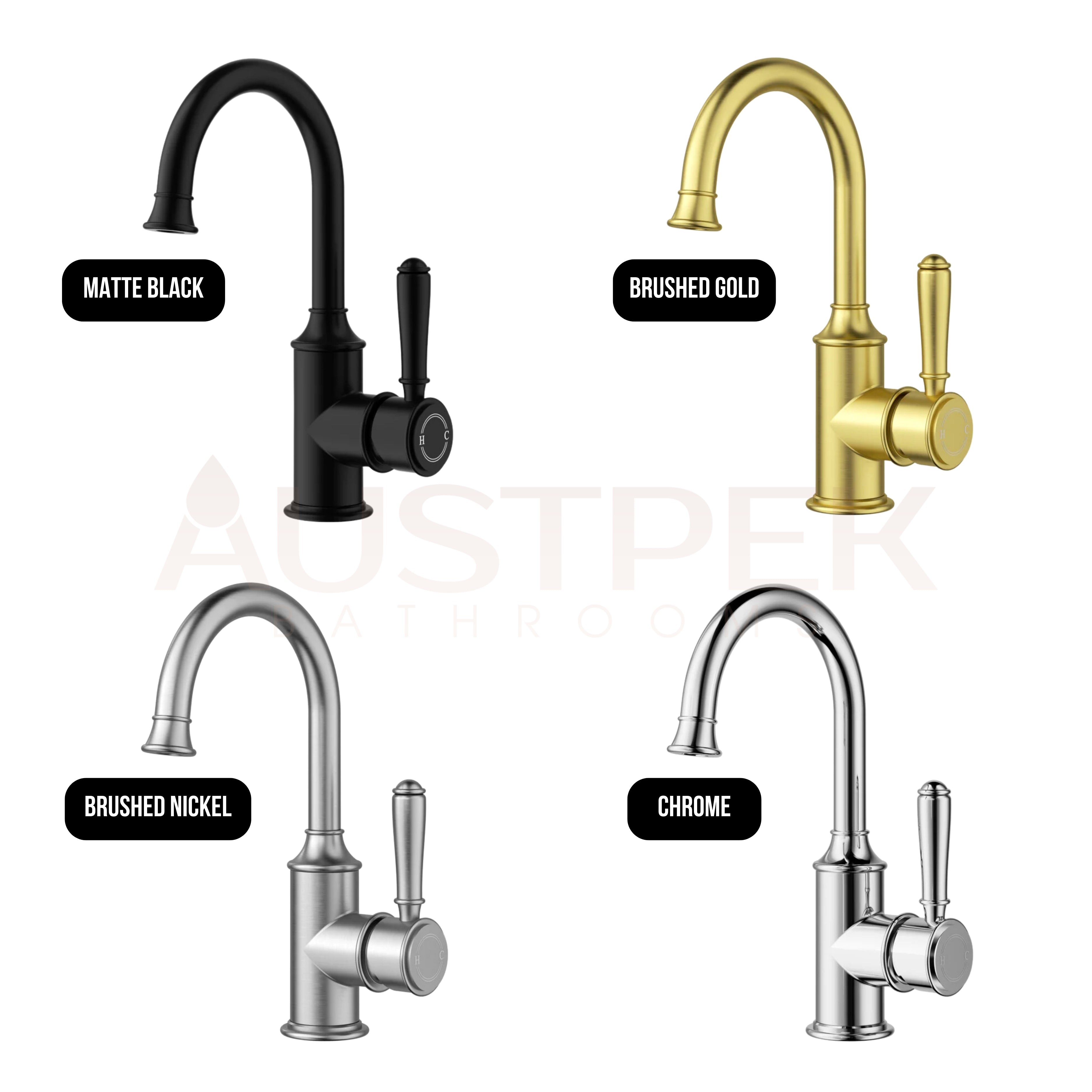 IKON CLASICO GOOSENECK BASIN MIXER 35MM BRUSHED GOLD (BRASS HANDLE)