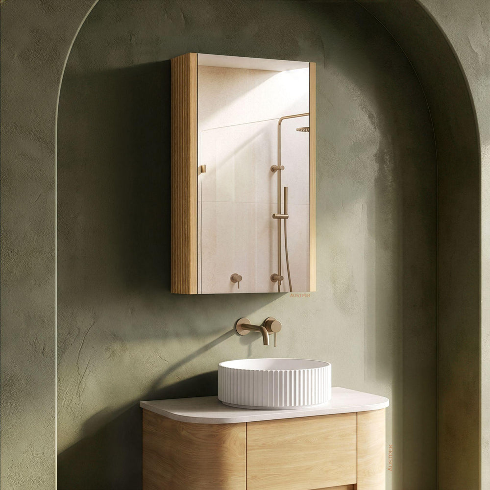 ORIO HAYMAN LIGHT WALNUT FLUTED MIRROR SHAVING CABINET 450MM