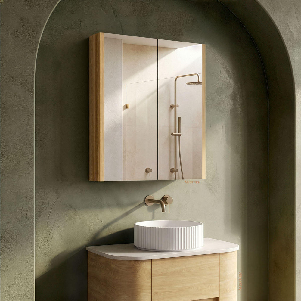 ORIO HAYMAN LIGHT WALNUT FLUTED MIRROR SHAVING CABINET 600MM