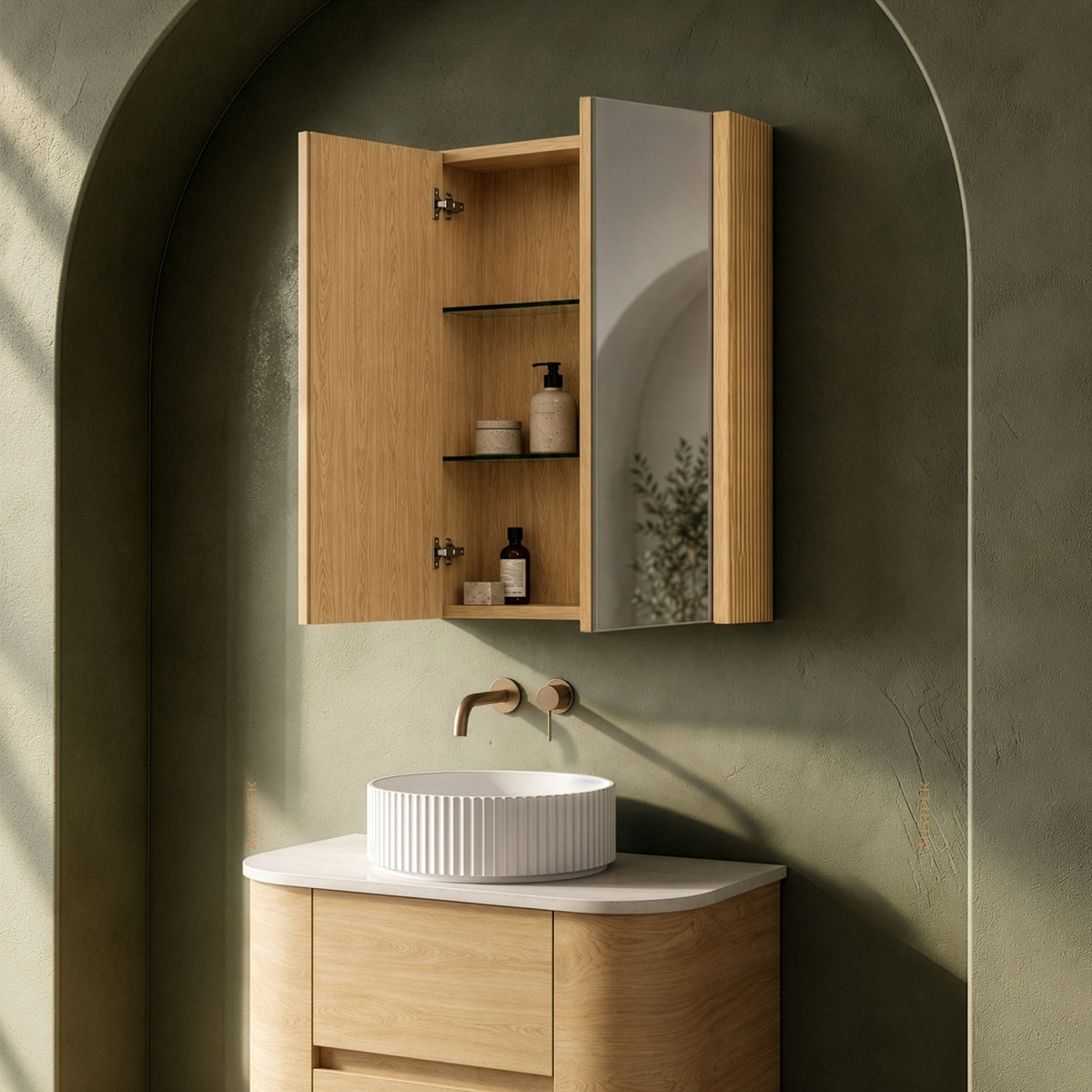 ORIO HAYMAN LIGHT WALNUT FLUTED MIRROR SHAVING CABINET 600MM