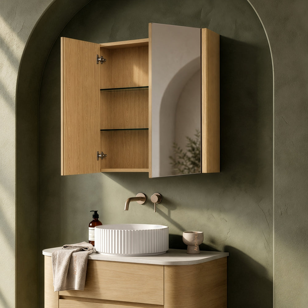ORIO HAYMAN LIGHT WALNUT FLUTED MIRROR SHAVING CABINET 750MM