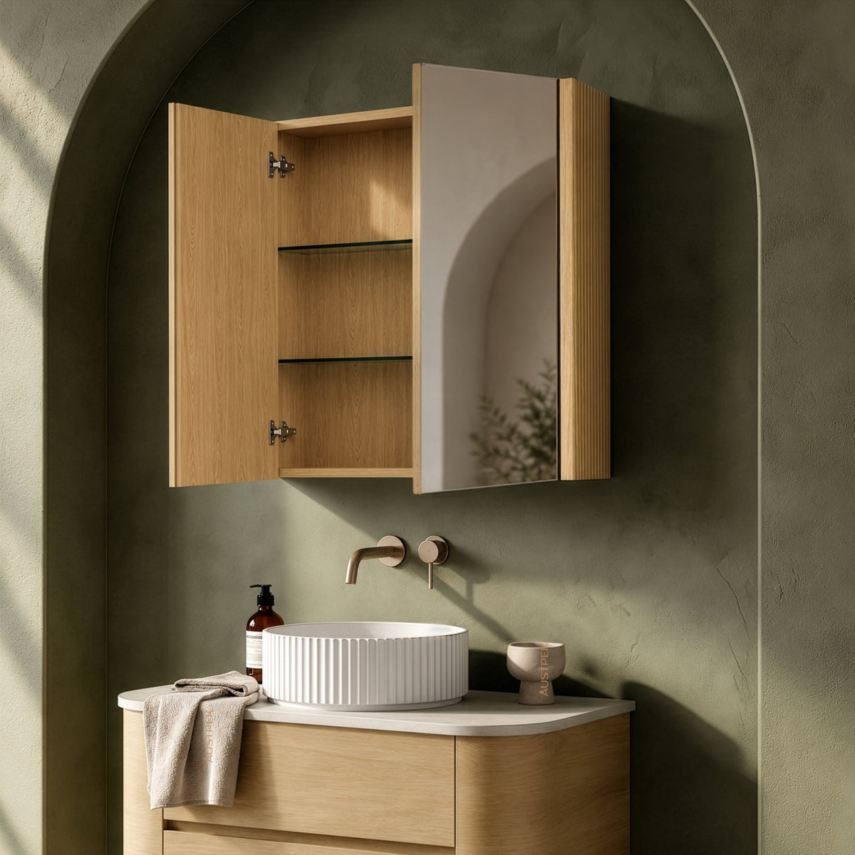 ORIO HAYMAN LIGHT WALNUT FLUTED MIRROR SHAVING CABINET 750MM